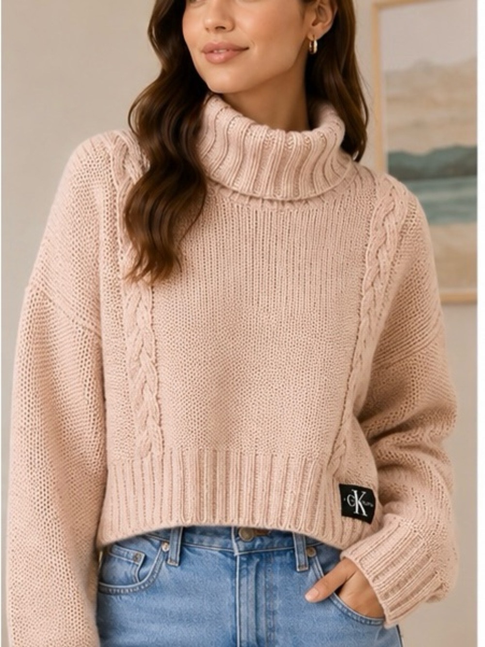 Calvin Klein Jeans Oversized Cable Knit Turtleneck Sweater